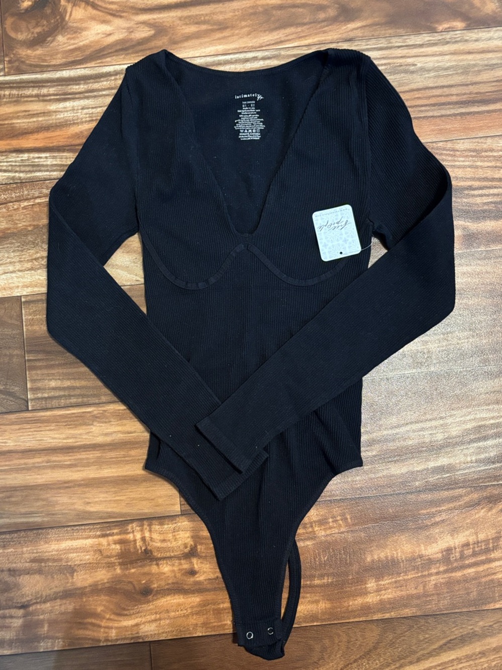 Free People Intimately Black Ribbed Long Sleeve V-Neck Bodysuit